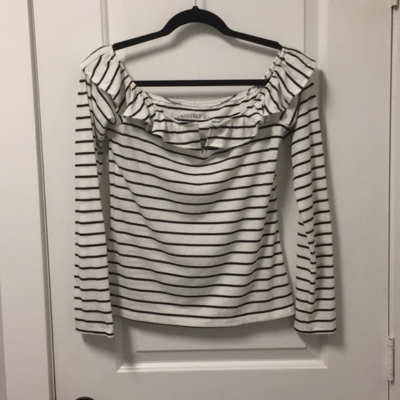 Long Sleeve off the shoulder Striped Tee - Picture 1 of 3